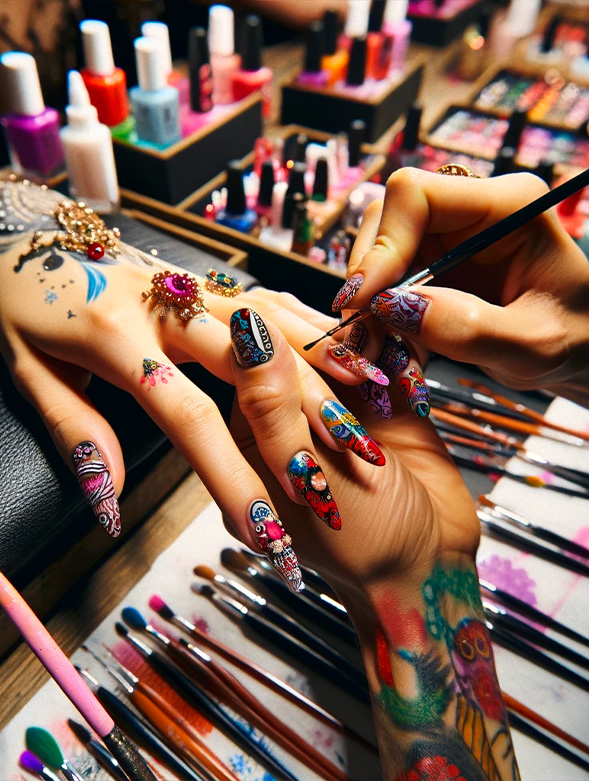 Nail artist applica design intricati sulle unghie di una modella, dimostrando precisione e creatività nel mondo della moda.