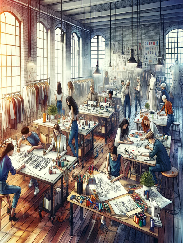 Immagine dinamica di un workshop di moda, dove talenti emergenti e designer affermati collaborano per plasmare le tendenze future.
