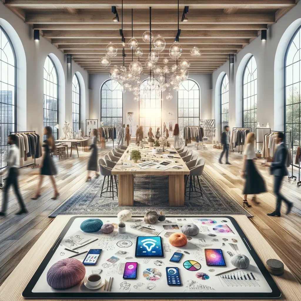 Studio di design della moda con schizzi, tessuti, e dispositivi digitali. Designer discutono in un ambiente che fonde moda e tecnologia, con il logo bCHANGE su uno schermo.