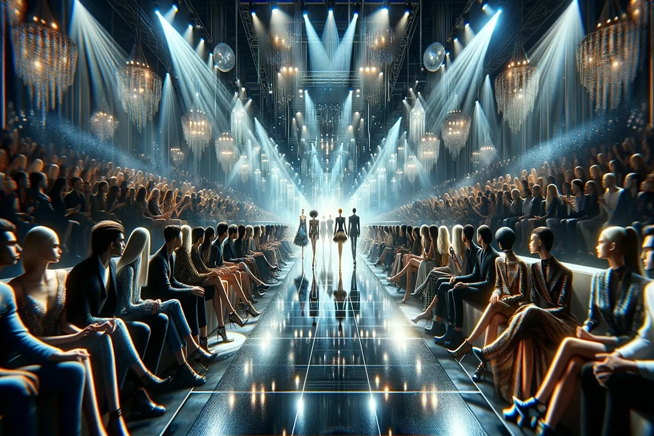 Scena vibrante di un evento di moda, con modelli sulla passerella e un pubblico elegante.
