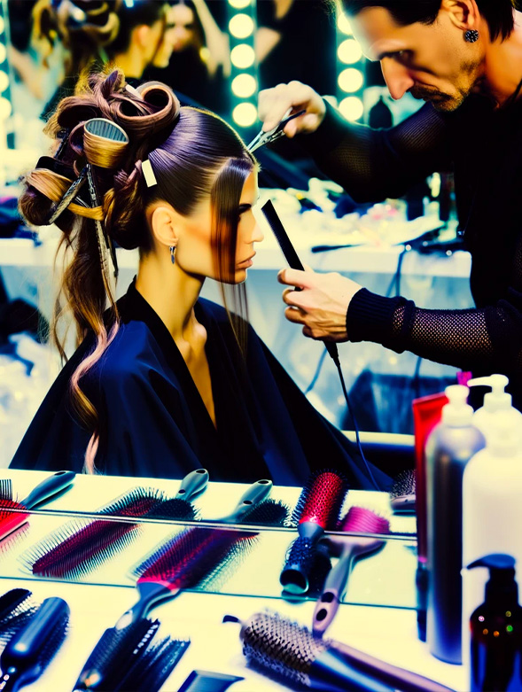 Stilista crea acconciatura artistica su modello, evidenziando talento e creatività nel backstage della moda.