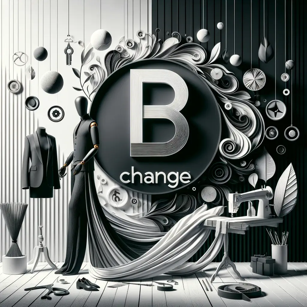 Il logo bCHANGE domina una scena di moda etica, con un designer e abiti sostenibili che esaltano il branding innovativo.