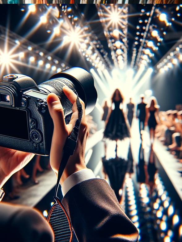 Fotografo di moda cattura l'essenza di una sfilata, evidenziando l'abilità nel inquadrare e immortalare momenti unici.