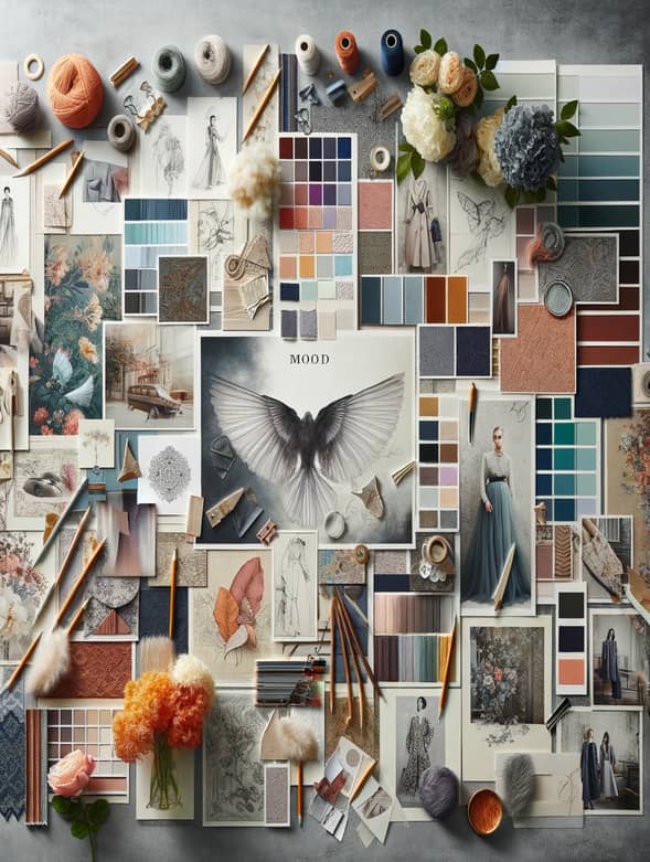 Immagine di un moodboard nel campo della moda, un collage vibrante che cattura idee, colori e tessuti per ispirare nuove creazioni.