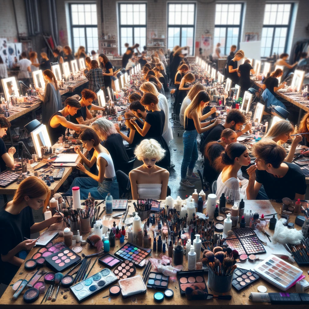 Momenti catturati durante una sessione di pratica intensiva in una masterclass di make-up, dove gli appassionati di bellezza affinano le loro tecniche sotto la guida di esperti del settore.
