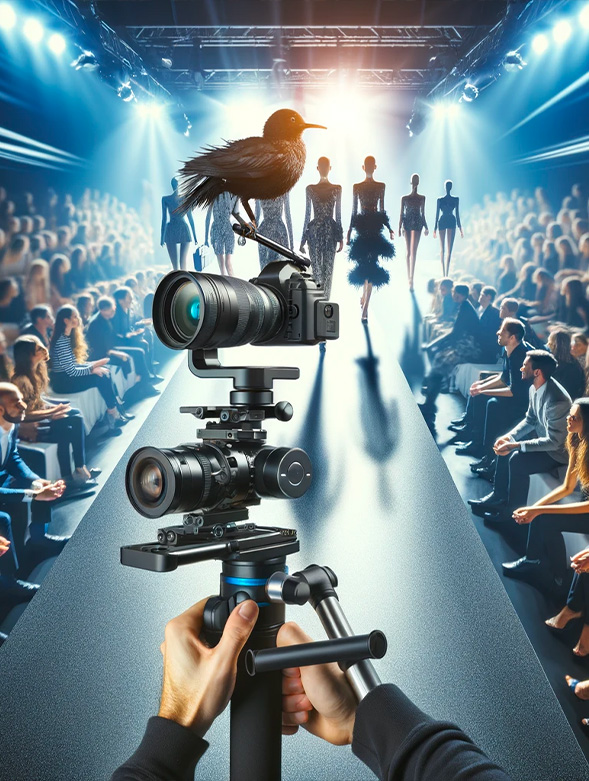 Videomaker cattura dinamicamente la sfilata di moda, enfatizzando il ruolo cruciale nella creazione di filmati affascinanti.