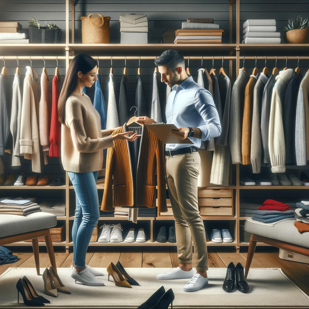 Un consulente d'immagine lavora a stretto contatto con un cliente, trasformando il suo guardaroba in una collezione di pezzi che esprimono stile e personalità.