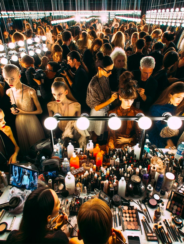Scena vivace del backstage di una sfilata di moda, con modelli, stilisti e fotografi immersi nella preparazione e nell'anticipazione del grande evento.