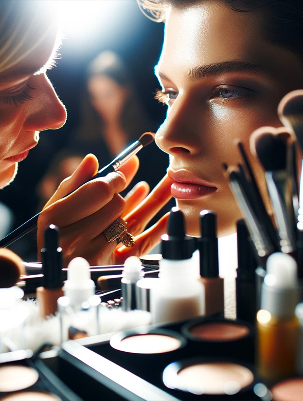 Primo piano di un make-up artist professionista applicando trucco su un modello, evidenziando la precisione artistica e la gamma di prodotti di alta moda.