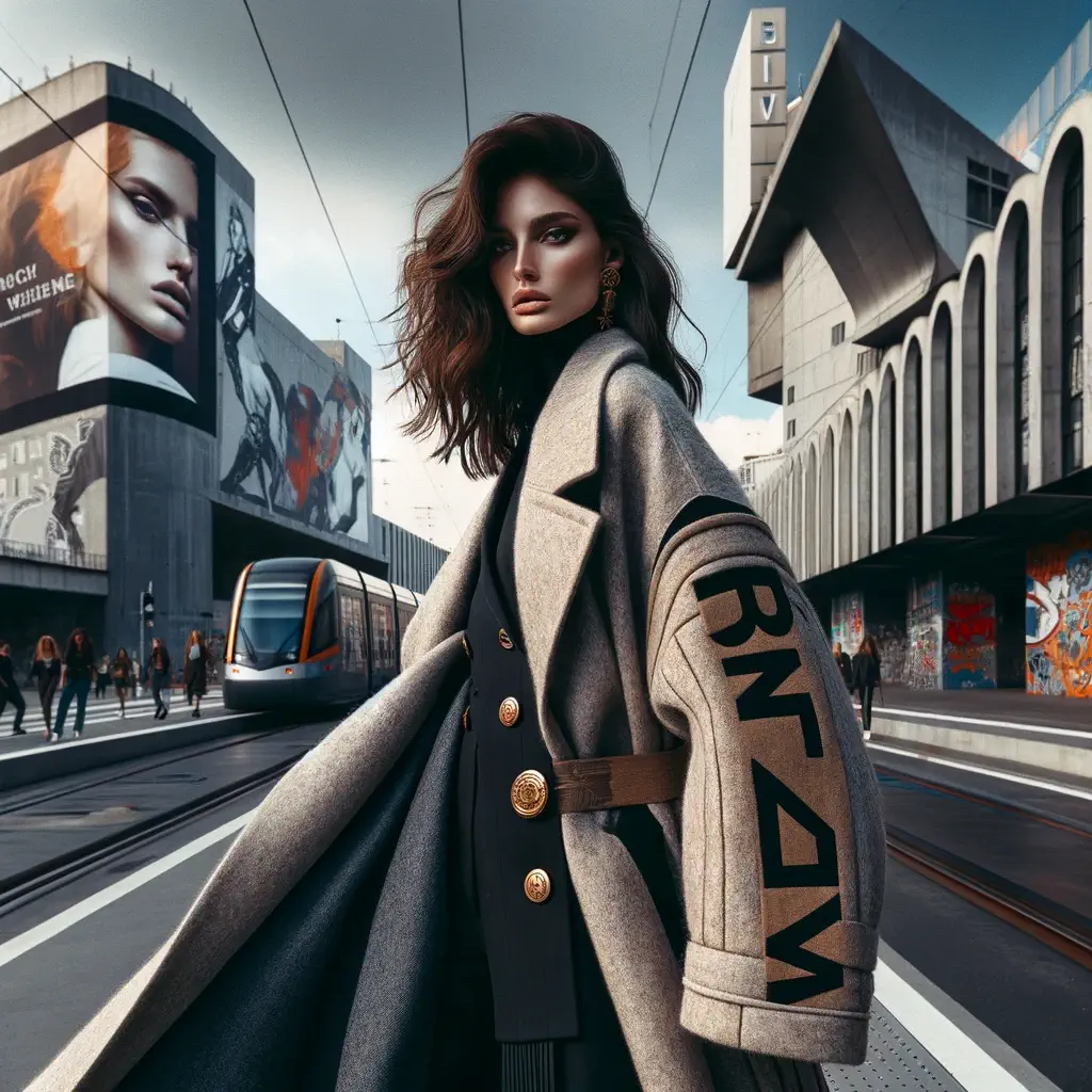 Modella in posa con capo bCHANGE in ambiente urbano, unendo moda sostenibile e stile metropolitano.