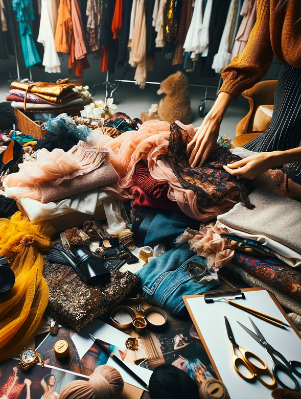 Stilista di moda seleziona abiti, mostrando creatività e precisione nella preparazione di un servizio fotografico.
