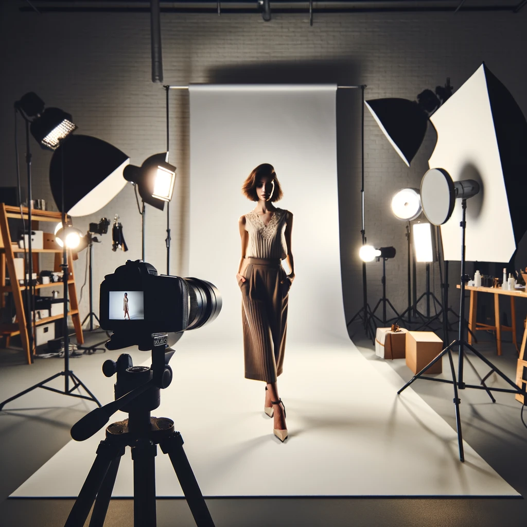 Una modella posa in uno studio fotografico professionale con illuminazione bilanciata e un fotografo che regola attentamente la camera sul treppiede
