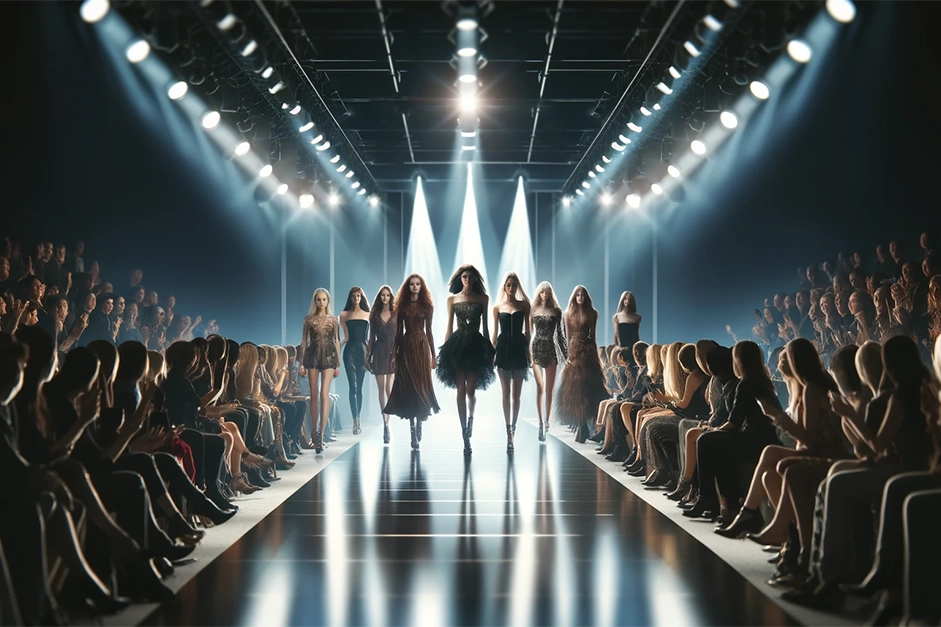 Una scena di sfilata di moda vivace, con modelli che presentano tendenze avanguardistiche sotto i riflettori, circondati da un pubblico affascinato