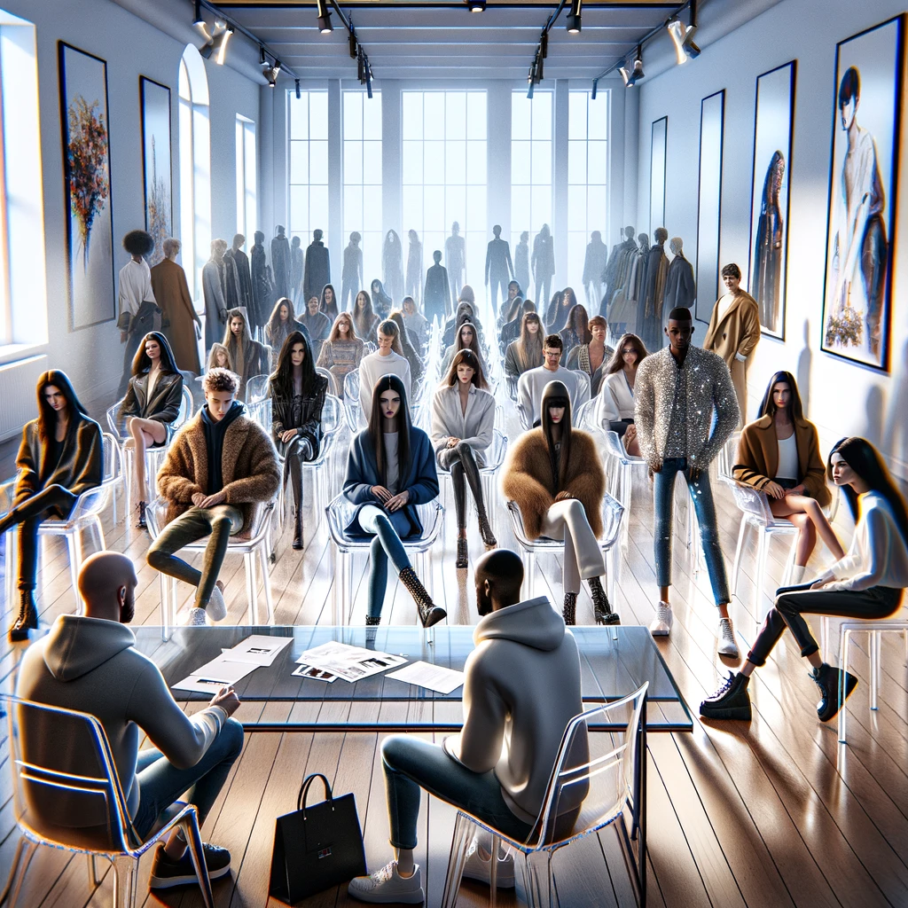 Diverse modelle e modelli seduti pazientemente, pronti a sfilare in un casting di moda, riflettendo un'atmosfera di determinazione ed eleganza.