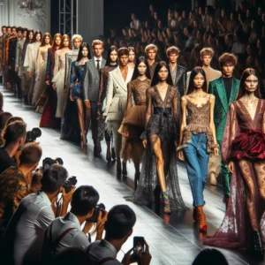 Una sfilata di moda variopinta con modelli che indossano abiti eleganti e stravaganti mentre sfilano sulla passerella. Fotografi e spettatori osservano ammirati la varietà di stili presentati, dall'avanguardia all'eleganza classica.