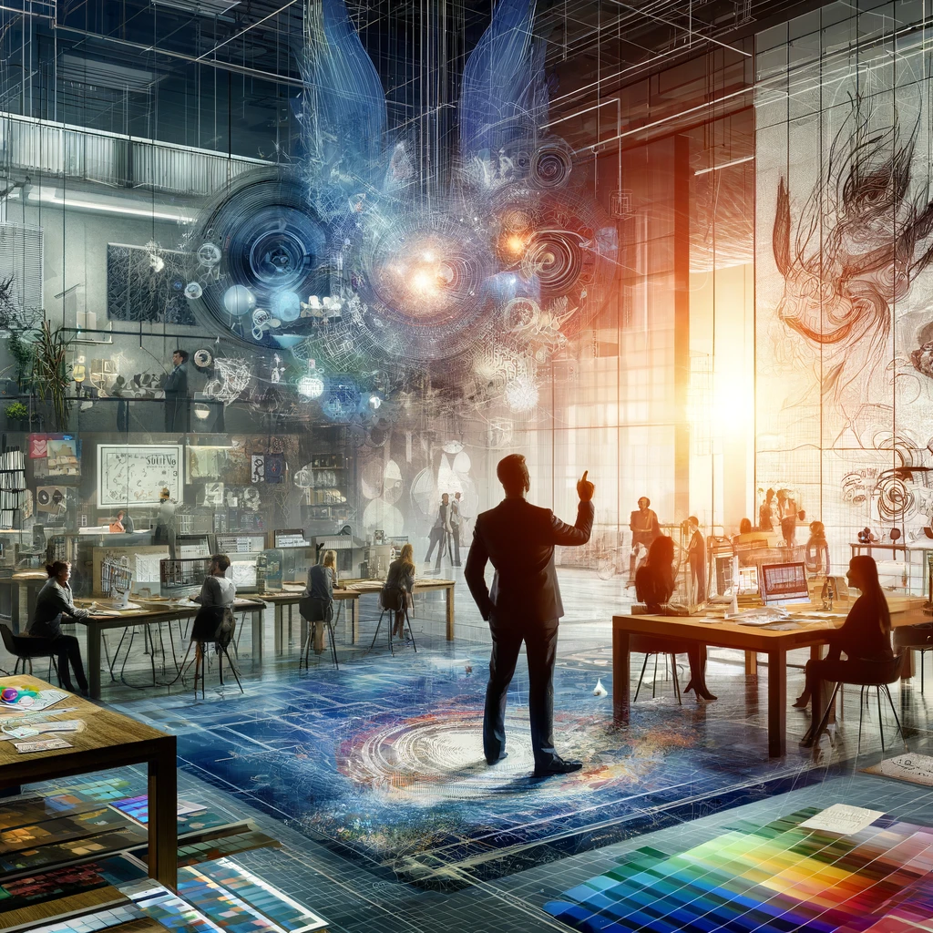 Un direttore artistico guida il suo team attraverso un progetto, circondato da palette di colori, schizzi e schermi digitali, incarnando l'innovazione e la leadership nel design.